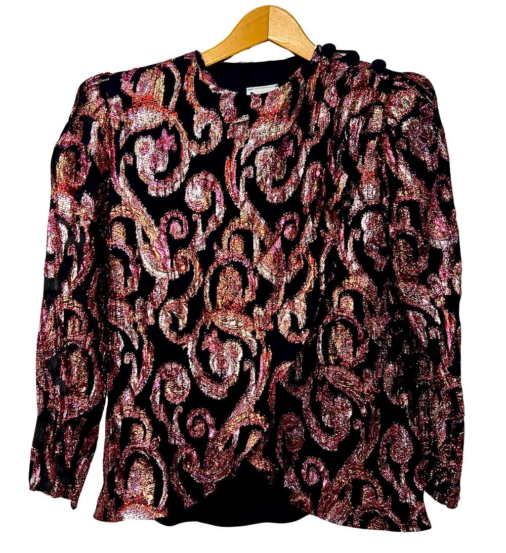 Vintage 80s Patra Petites Size 4 Pink Gold Metallic Swirl Wrap Top Party Disco